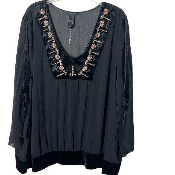 Lane Bryant Black Sheer Tunic Top with Velvet Trim andEmbellishment NWOT sz26/28 - Picture 1 of 5